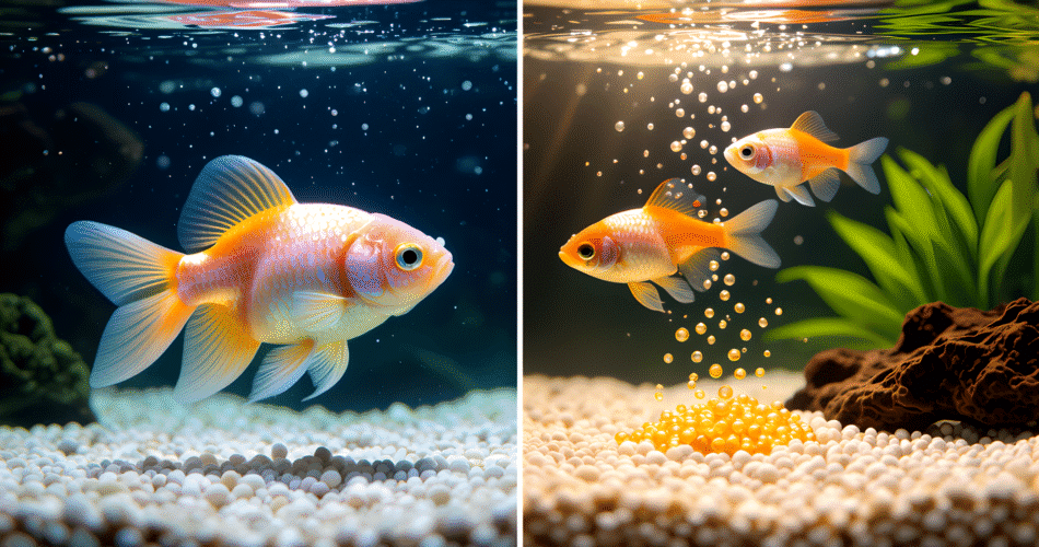 Alt text: Close-up of goldfish laying eggs during spawning behavior, showcasing egg care in a freshwater aquarium environment.