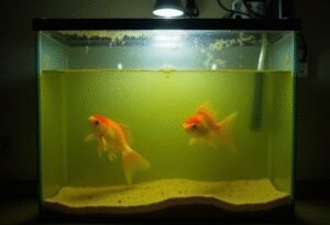 A highly realistic and concerning photograph of a goldfish tank with murky, yellowish-green, cloudy water. The visibility is so poor that the two common goldfish inside are only vague, blurry orange shapes. A algae film is visible on the glass. The scene is dimly lit and unkempt, with a film of dust on the hood of the tank.

