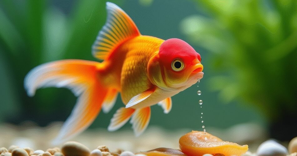 A vibrant, healthy fancy Oranda goldfish with a large wen and flowing fins, gracefully suspended in the middle of a crystal-clear aquarium. It is being fed a sinking pellet, which is sharply in focus as it descends towards the fish. Other optimal foods like a blanched pea and a bloodworm are visible in the foreground on the substrate. The background is softly blurred but shows a pristine, well-maintained tank with smooth rocks and healthy live plants. The lighting is bright and natural, emphasizing the brilliant colors of the fish and the food.
