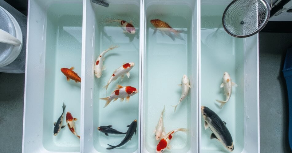 A top-down, aerial view of a pristine, professional-grade breeding setup. Show several shallow, clear spawning tanks arranged in a row. In the foreground tank, a high-value, vibrant high-quality Ranchu goldfish with a perfect hump and deep red and white coloration is swimming. The adjacent tanks contain other profitable varieties like a pristine Pearlscale, a brilliantly colored Oranda, and a sleek, metallic Shubunkin. Include a clean net and a breeding mop placed neatly beside the tanks. The lighting is bright and clinical, showcasing the fish's exceptional form and color as valuable breeding stock.