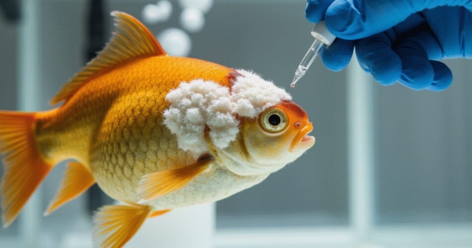 A highly detailed, clinical close-up of a goldfish's side, focusing on a patch of white, cotton-like fungal growth on its scales and fin. A hand wearing a blue nitrile glove is in the frame, carefully applying a drop of liquid medication from a precision pipette directly onto the infected area. The background is a clean, sterile hospital tank with a simple bubble filter, emphasizing treatment and care. The lighting is bright and direct, highlighting the texture of the infection and the action of treatment.