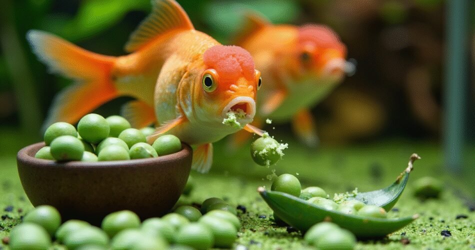 A vibrant, hyper-realistic close-up of a healthy orange fantail goldfish in a crystal-clear aquarium, eagerly eating a bright green, perfectly prepared blanched pea that has been slightly crushed. The fish's mouth is open and active, with a few small pea fragments floating nearby. A small bowl of fresh, whole peas sits in the foreground, slightly out of focus, with one pea split open to show its bright green interior. The lighting is bright and natural, highlighting the vivid colors and the clean water.