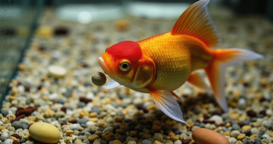 A dynamic, high-angle shot looking down into a pristine goldfish tank. A vibrant, large, and exceptionally healthy fancy goldfish (like a mature Ryukin with a deep body and flowing fins) is rising towards the water's surface. Its mouth is open, about to receive a high-quality sinking pellet. Scattered around it on the substrate are other nutritious foods like a blanched pea and a bloodworm. The water is perfectly clear, emphasizing the fish's impressive size, brilliant colors, and optimal body condition. The lighting is bright and natural, creating a sense of health and vitality.