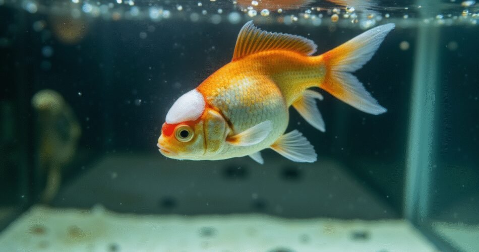 A poignant and clear side-view shot of a beautiful fancy goldfish (such as an Oranda) floating helplessly upside down at the water's surface in a otherwise pristine aquarium. Its vibrant colors and healthy body contrast sharply with its distressing position. The water is perfectly clear, and a single, sinking peeled pea is visible in the foreground, symbolizing a potential remedy. The lighting is soft and direct, highlighting the fish's plight and the stillness of the water.