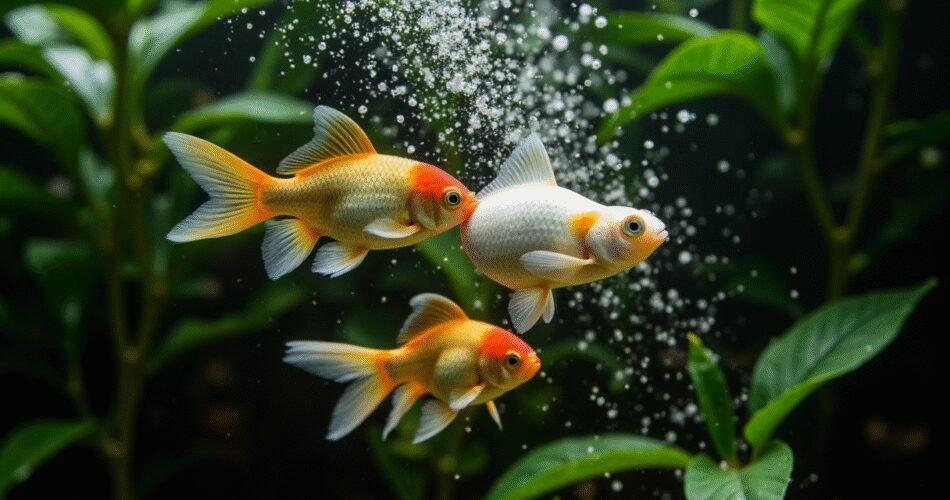 A dynamic underwater scene in a breeding aquarium, capturing a pair of vibrant goldfish in the midst of spawning behavior. The male, a sleek Comet, is actively pursuing and nudging the side of a plump, egg-filled female Fantail. The water is filled with a cloud of tiny, translucent eggs floating mid-water and settling on broad-leaved aquatic plants in the background. The lighting is soft and dappled, mimicking early morning light, highlighting the intensity of the action and the delicate nature of the scattered eggs.