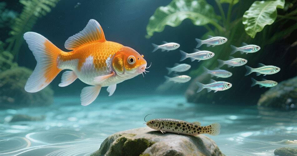 A highly detailed, clinical close-up of a goldfish's side, focusing on a patch of white, cotton-like fungal growth on its scales and fin. A hand wearing a blue nitrile glove is in the frame, carefully applying a drop of liquid medication from a precision pipette directly onto the infected area. The background is a clean, sterile hospital tank with a simple bubble filter, emphasizing treatment and care. The lighting is bright and direct, highlighting the texture of the infection and the action of treatment.