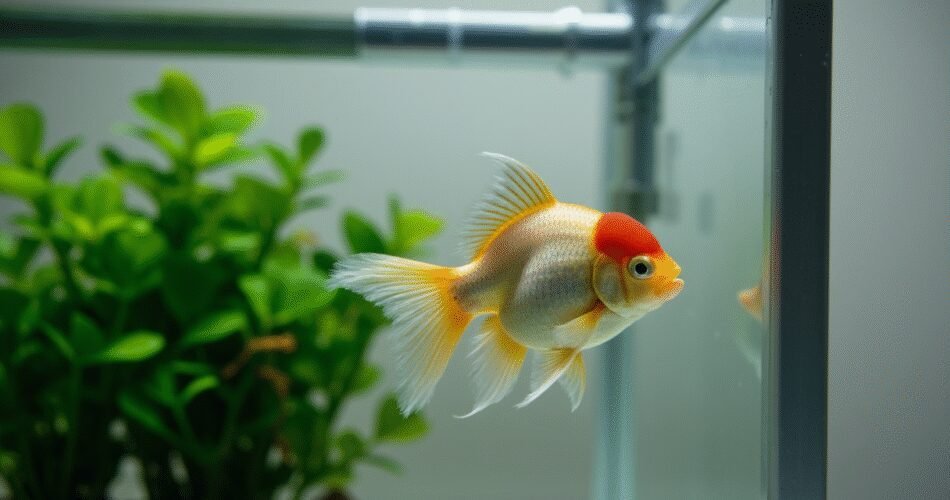 A serene, professional studio photograph of a healthy, vibrant fancy goldfish (such as an Oranda with a prominent wen) gracefully swimming in a perfectly clean aquarium. The water is crystal clear, and a sleek, modern aquarium heater is visible in the background, subtly integrated among a few lush green aquatic plants like Anubias. The lighting is soft and even, highlighting the brilliant colors of the fish and the clarity of the water. The overall mood is calm, healthy, and informative.