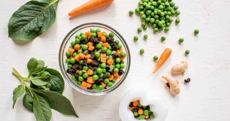 A vibrant, top-down flat lay of homemade gel food for goldfish. The scene features a clear glass bowl filled with a colorful, finely chopped gel food mixture containing bright green peas, orange carrots, dark leafy greens, and specks of shrimp. Next to the bowl, place the fresh, whole ingredients: a handful of peas, a small carrot, a leaf of spinach, and a few dried shrimp. Include a small silicone mold in the shape of a fish, filled with the set gel food. The background is a clean, light wooden surface with a slight texture. The lighting is bright and natural, emphasizing the fresh, healthy, and appetizing quality of the food.