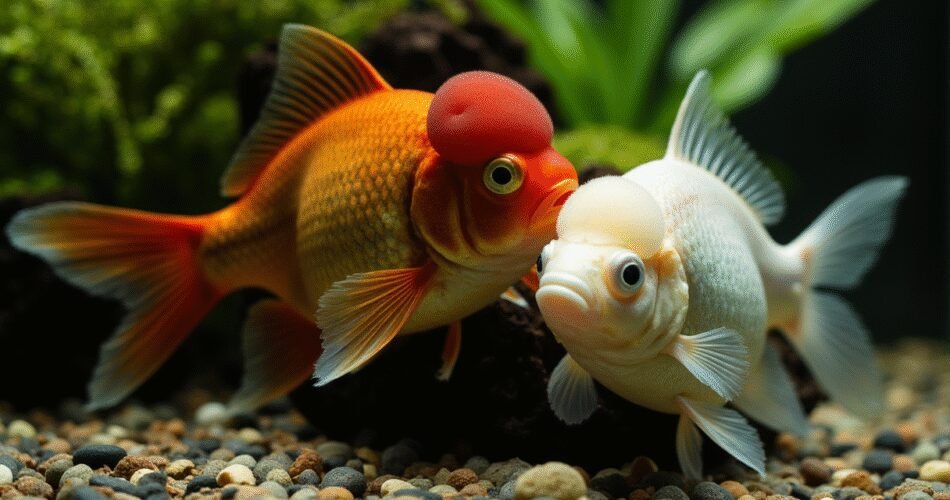 A serene, intimate scene in a well-maintained breeding aquarium. A healthy, mature male Ranchu goldfish with a prominent hump and deep red coloration is gently nudging the side of a plump, egg-filled female Ranchu. The water is crystal clear, with a few lush java moss plants in the soft-focus background. A spawning mop is visible, with a few scattered, translucent eggs clinging to its fibers. The lighting is soft and warm, creating a sense of natural behavior and successful breeding.