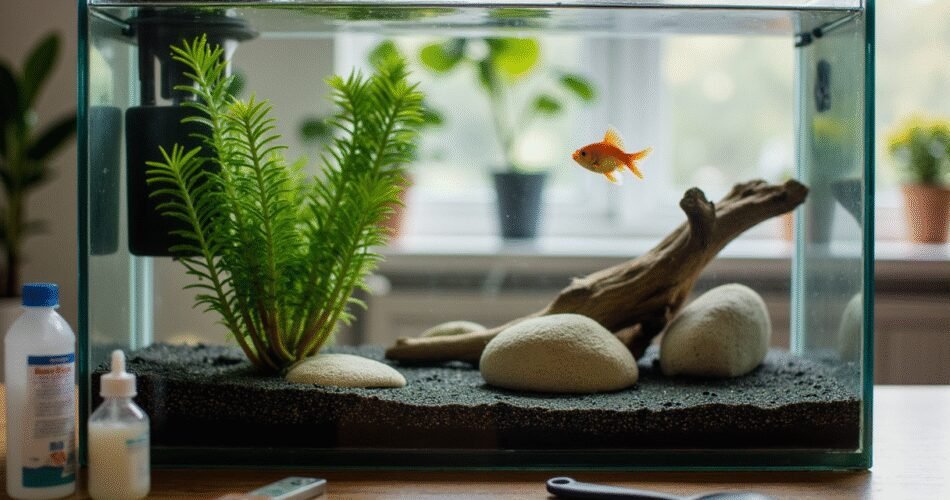 A bright, inviting, and perfectly set up beginner goldfish tank. The aquarium is spacious with crystal-clear water, a dark sandy substrate, and a simple sponge filter bubbling gently in the background. It is decorated with a few smooth, large rocks and two hardy live plants, such as Java Fern and Anubias, securely attached to driftwood. A single vibrant orange fantail goldfish swims healthily in the center. All essential equipment - a water conditioner bottle, a test kit, and a net - are neatly arranged on the table in the foreground, slightly out of focus. The lighting is warm and cheerful, creating a welcoming and educational scene.