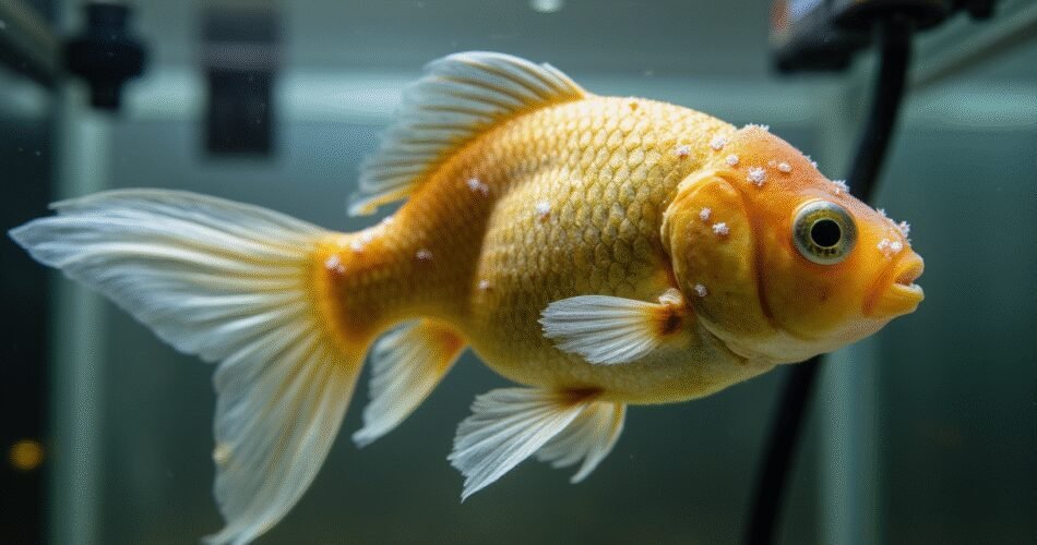 An extreme, hyper-realistic close-up of a distressed fancy goldfish's tail fin and body, covered in numerous raised, white salt-like spots (ich cysts) against its orange scales. The fish's fins are slightly clamped. In the soft-focus background, a sleek aquarium heater is visible, its indicator light glowing to represent the heat treatment method. The lighting is clinical yet dramatic, emphasizing the texture of the disease and the urgency of treatment.