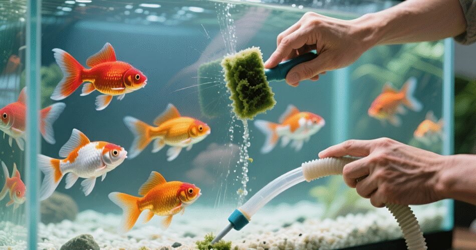A split-focus composition in a perfectly maintained goldfish aquarium. In the sharp foreground, a person's hands are performing maintenance: one hand holds a algae scrubber, cleaning the inside glass to a sparkling finish, while the other hand uses a siphon hose to vacuum debris from the substrate. In the slightly soft-focus background, a group of vibrant, healthy fancy goldfish (Orandas and Ryukins) swim peacefully, their colors brilliant against the crystal-clear water. The lighting is bright and natural, conveying a sense of diligence, cleanliness, and proactive health.