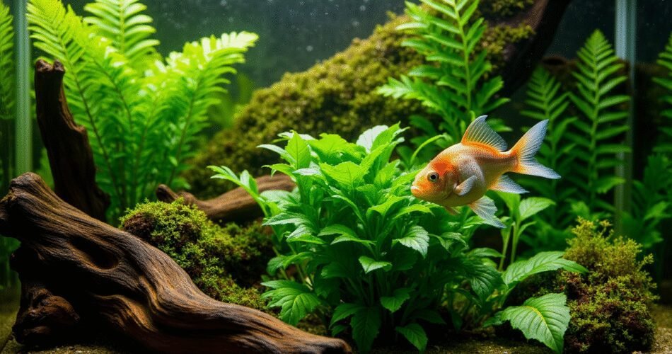 A vibrant, well-lit aquarium scene showcasing a variety of lush, healthy aquarium plants that are known to be goldfish-resistant. In the foreground, prominently feature large, tough-leaved Anubias attached to a piece of driftwood and a robust Java Fern. A curious, healthy fancy goldfish (like an Oranda) is gently investigating but not eating a sturdy Amazon Sword plant in the mid-ground. The background includes taller Hornwort and a patch of durable Java Moss. The water is crystal clear, emphasizing the greenery and the fish's vibrant colors, creating a harmonious, natural, and plant-filled environment.