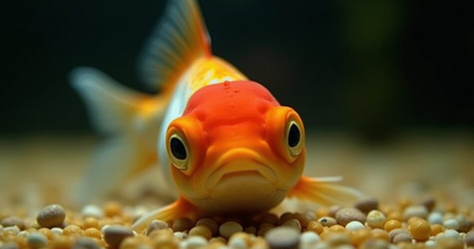 A hyper-realistic digital illustration of a single, vibrant orange fantail goldfish swimming in a perfectly clean, crystal-clear aquarium. The fish is healthy and active, with flowing fins. Sunlight streams through the water, creating caustic light patterns on the sandy substrate below. A few lush green aquatic plants, like anubias, are in the soft focus background. The overall mood is serene, healthy, and beautiful.