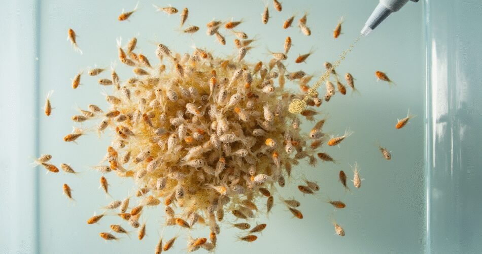 A macro, top-down view into a pristine, shallow rearing tank filled with crystal-clear water. Hundreds of tiny, translucent goldfish fry are swarming energetically in the center, feeding on a cloud of infusoria and finely powdered fry food. A soft-tipped pipette is in the corner, releasing a fresh batch of food. The lighting is bright and clear, highlighting the incredible detail and activity of the numerous fry against a simple, clean background.